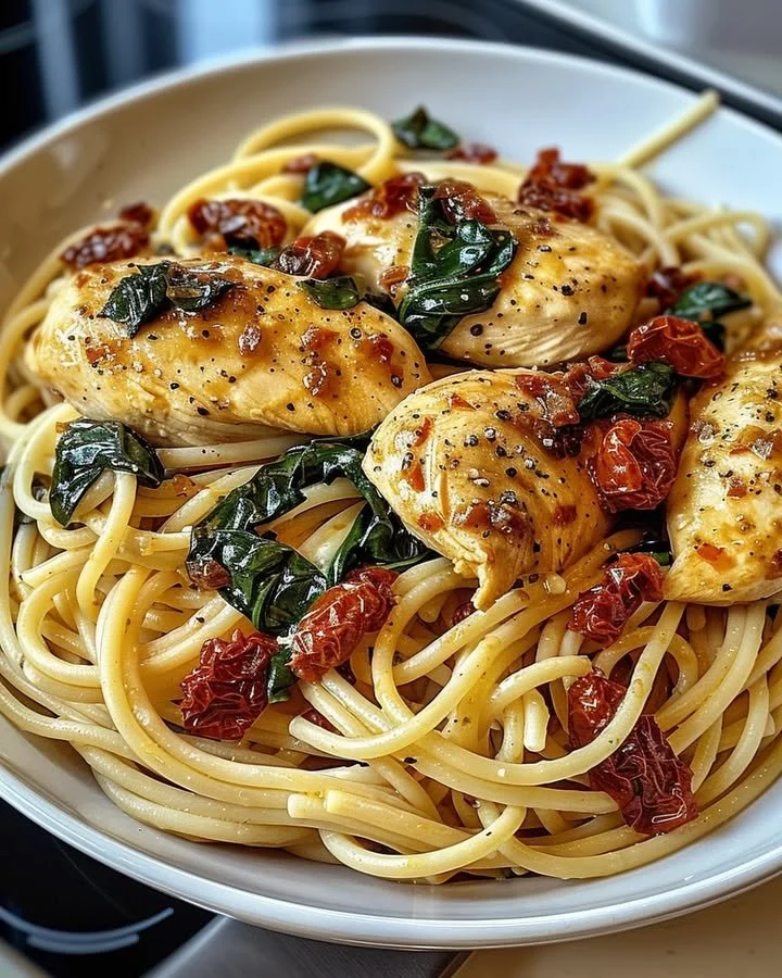 Creamy spinach and sun-dried tomato chicken pasta in a bowl with parsley garnish.
