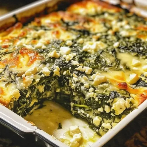 Delicious Spinach Casserole with Feta Cheese baked to perfection