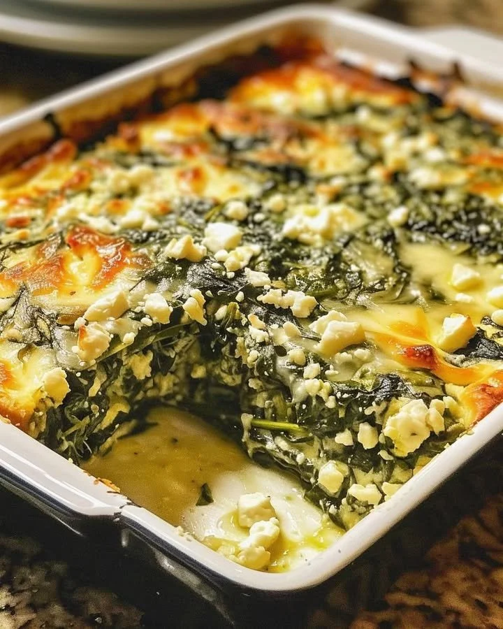 Delicious Spinach Casserole with Feta Cheese baked to perfection