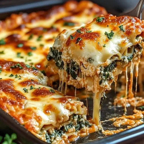 Delicious spinach lasagna with ricotta and three cheeses, baked to perfection.