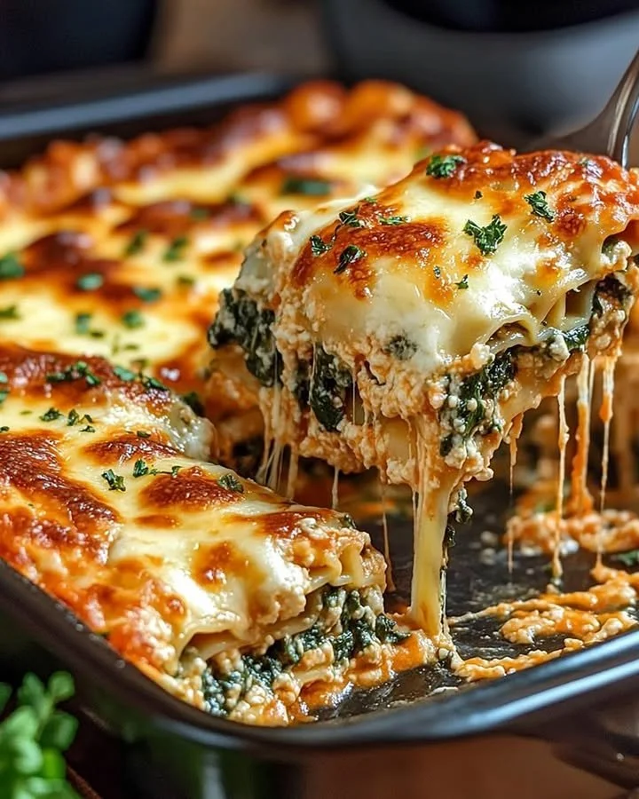 Delicious spinach lasagna with ricotta and three cheeses, baked to perfection.