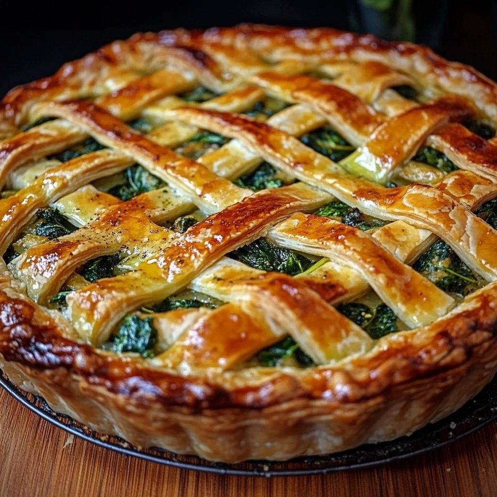 A delicious spinach stuffed pie with a golden crust and fresh spinach filling.