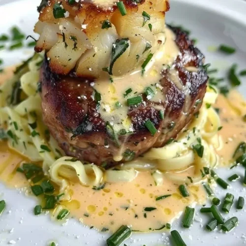 Steak and Crab Cake Delight served on a plate with garnishes
