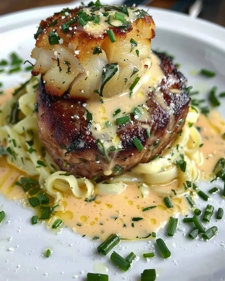 Steak and Crab Cake Delight served on a plate with garnishes