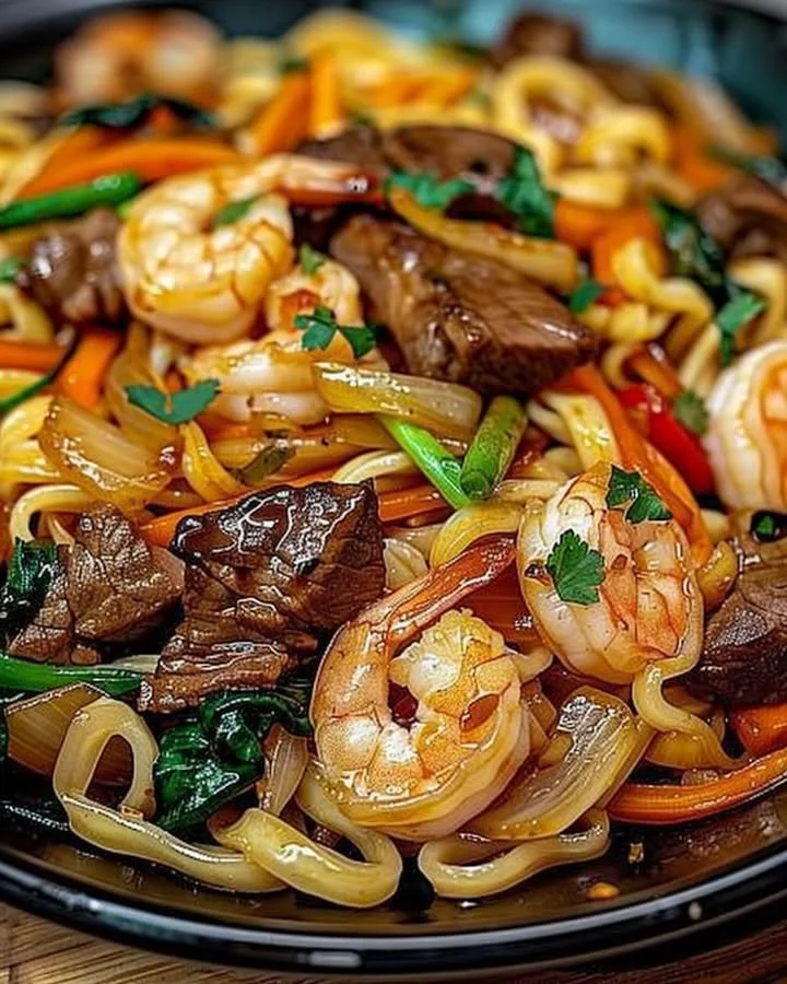 Delicious Steak and Shrimp Stir-Fried Noodles served in a bowl