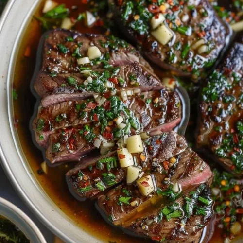 Homemade steak dipping sauce served with cooked steak on a wooden board.