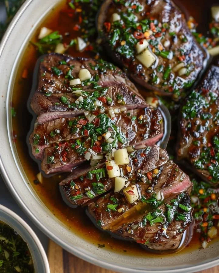 Homemade steak dipping sauce served with cooked steak on a wooden board.