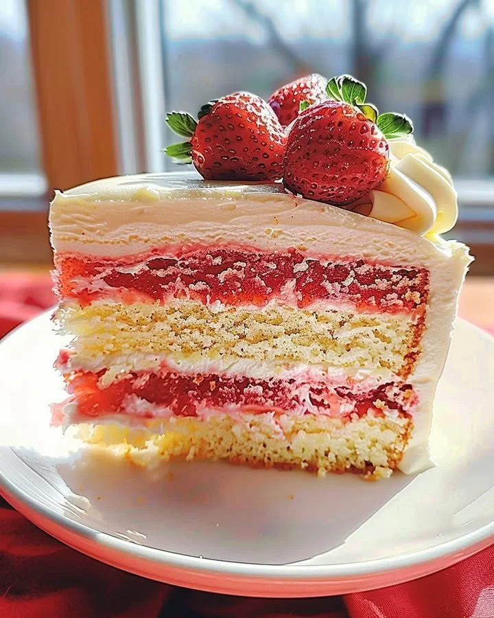 Strawberries and Cream Cheesecake Cake with fresh strawberries and whipped cream