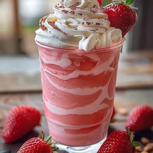 Deliciously refreshing Strawberries & Cream Frappuccino topped with whipped cream.