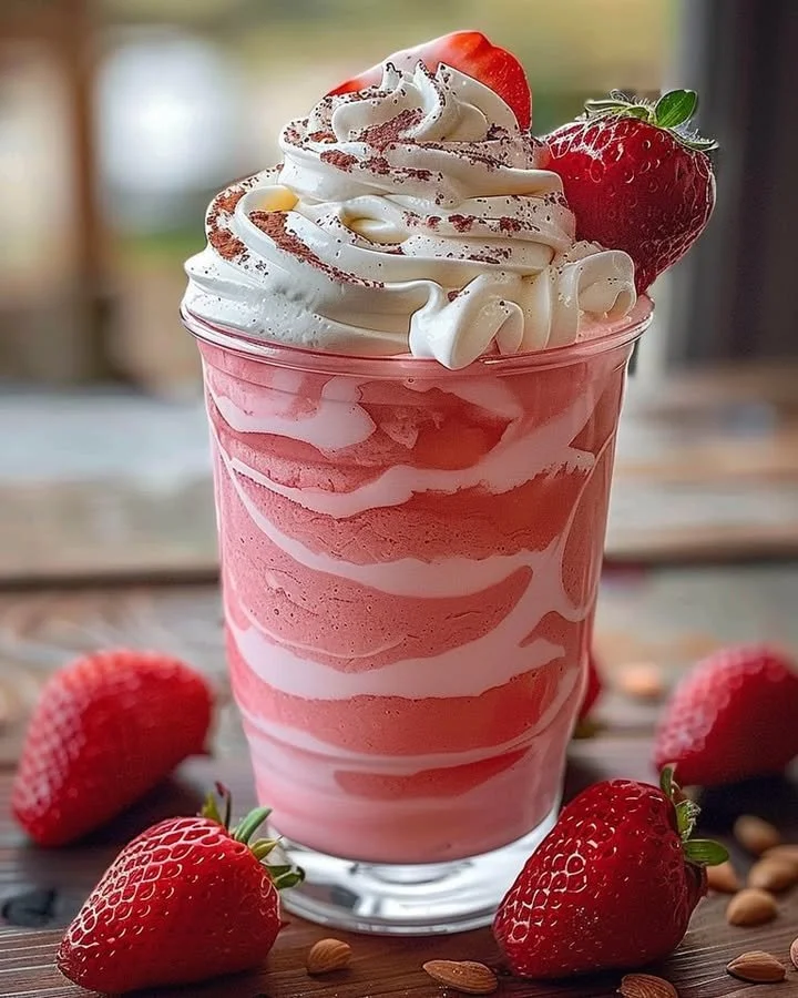 Deliciously refreshing Strawberries & Cream Frappuccino topped with whipped cream.