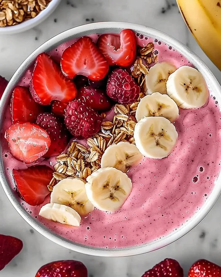 Healthy strawberry banana smoothie in a glass with fresh fruits
