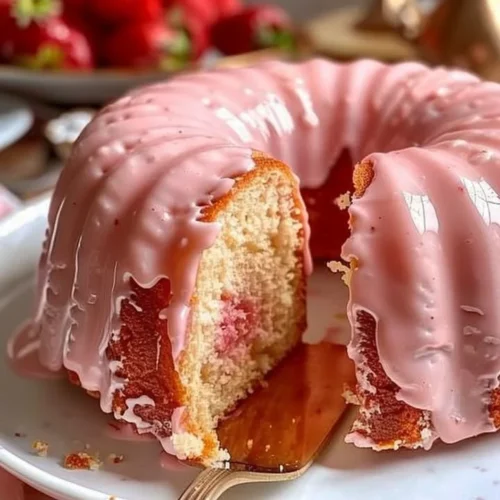 Deliciously moist Strawberry Buttermilk Pound Cake with fresh strawberries