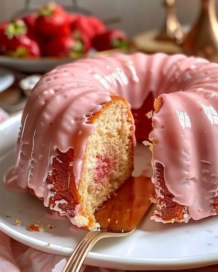 Deliciously moist Strawberry Buttermilk Pound Cake with fresh strawberries