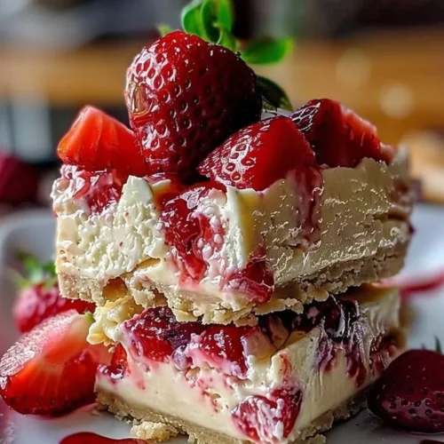 Delicious strawberry cheesecake bar topped with fresh strawberries