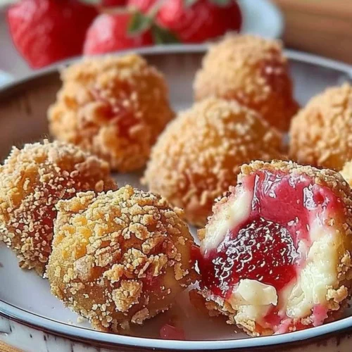 Delicious strawberry cheesecake crunch bites on a dessert platter