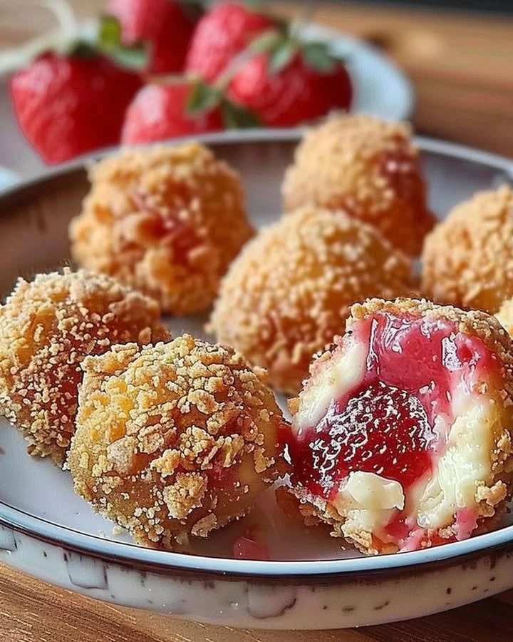 Delicious strawberry cheesecake crunch bites on a dessert platter