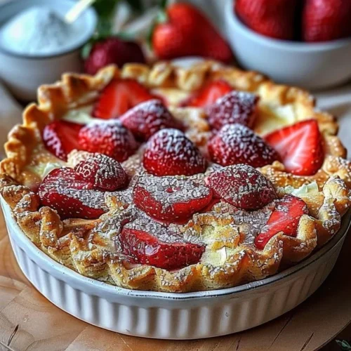 Delicious Strawberry Cheesecake Dump Cake with fresh strawberries and creamy topping