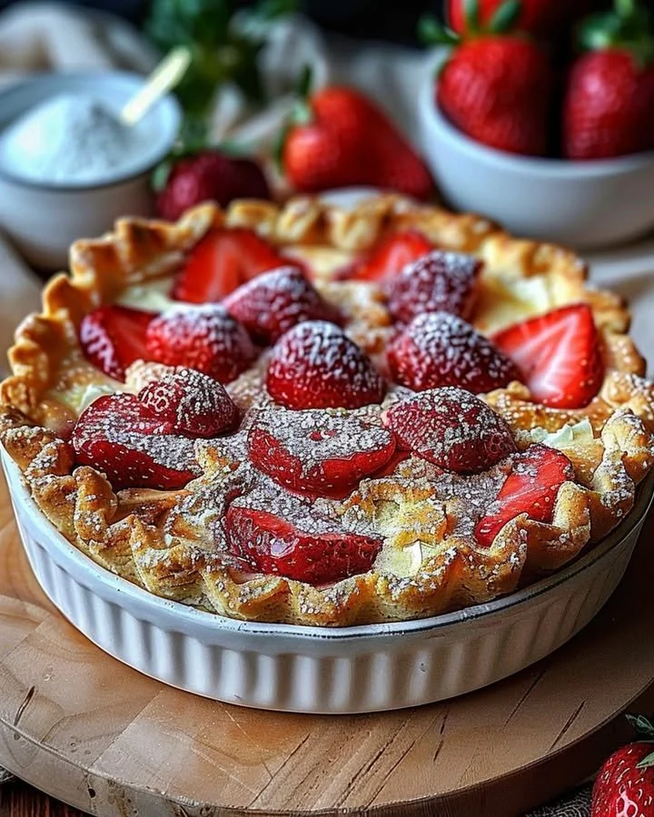 Delicious Strawberry Cheesecake Dump Cake with fresh strawberries and creamy topping