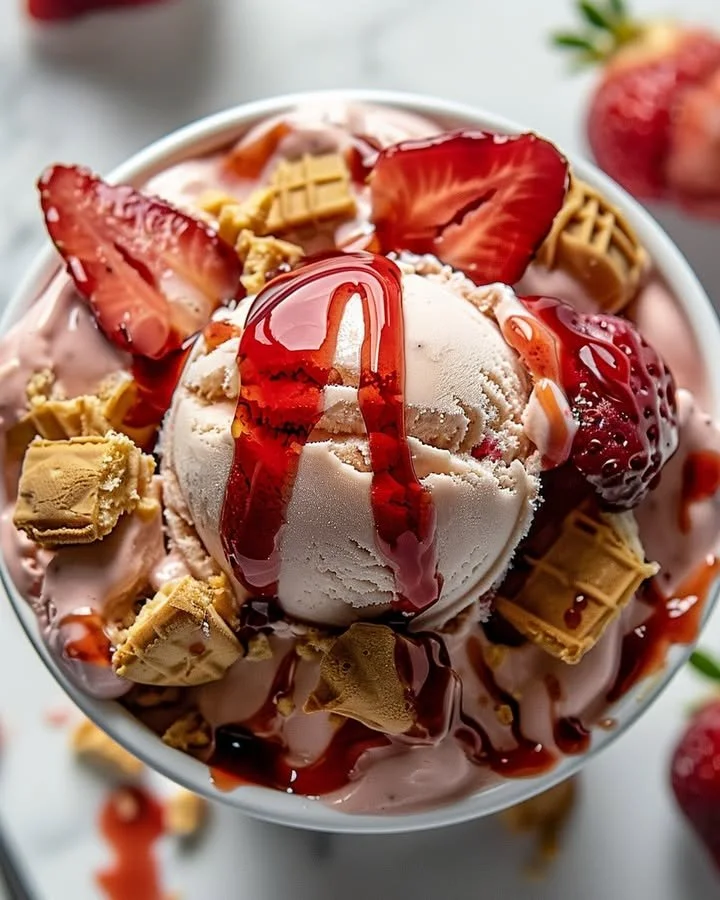 Delicious strawberry cheesecake ice cream with fresh strawberries on top