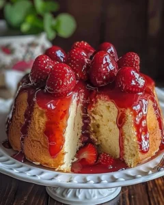 Strawberry cheesecake pound cake topped with fresh strawberries and creamy frosting