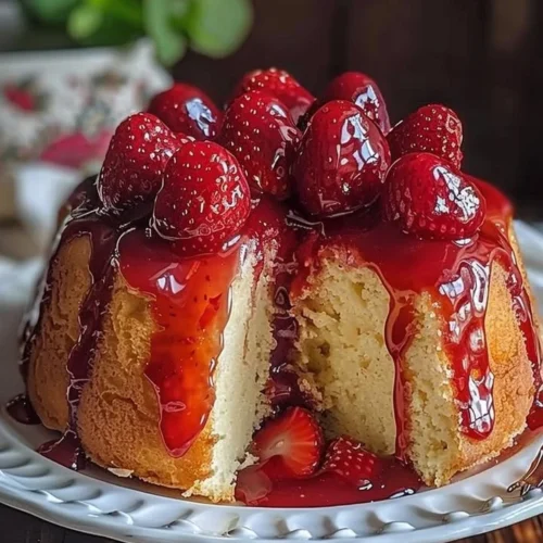 Strawberry cheesecake pound cake topped with fresh strawberries and creamy frosting