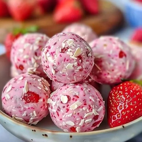 Healthy Strawberry Cheesecake Protein Balls on a plate