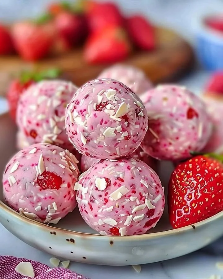 Healthy Strawberry Cheesecake Protein Balls on a plate