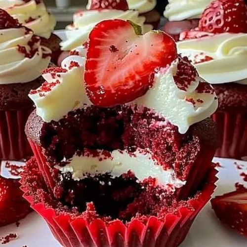 Delicious strawberry cheesecake red velvet cupcakes topped with fresh strawberries