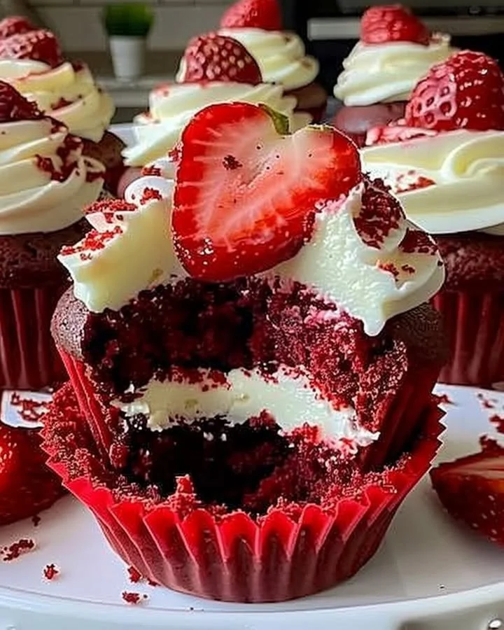 Delicious strawberry cheesecake red velvet cupcakes topped with fresh strawberries