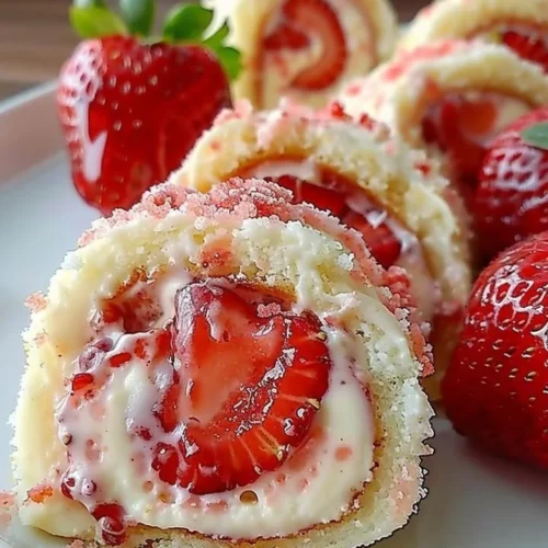 Delicious strawberry cheesecake rolls topped with fresh strawberries