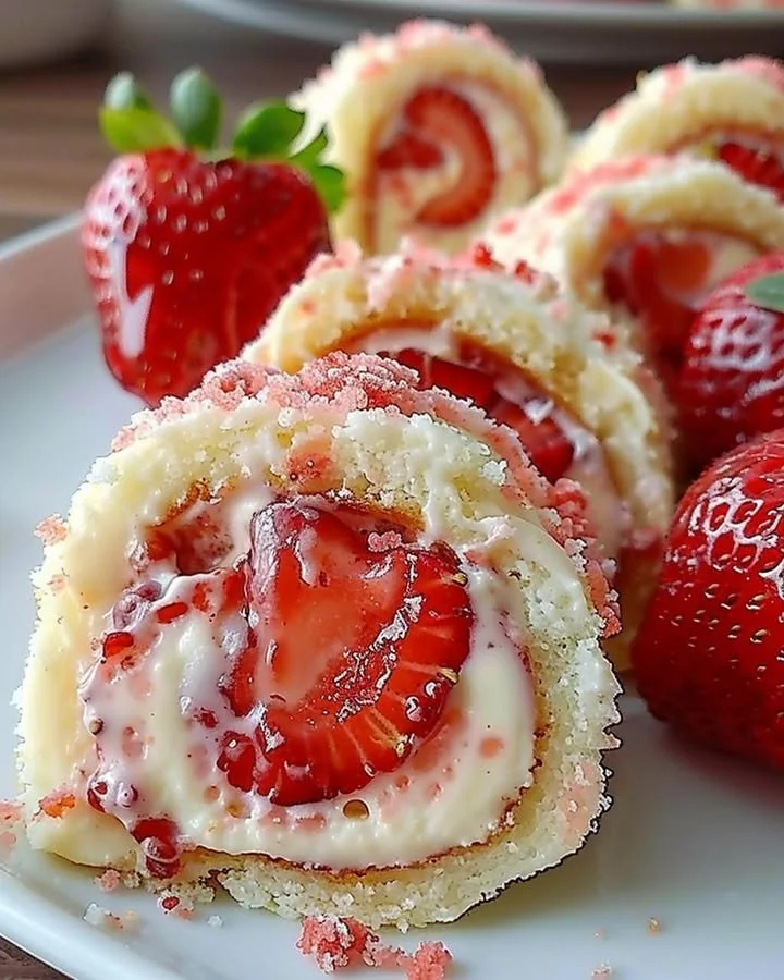 Delicious strawberry cheesecake rolls topped with fresh strawberries