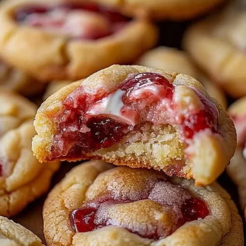 Strawberry cheesecake stuffed cookies with creamy filling and fresh berries