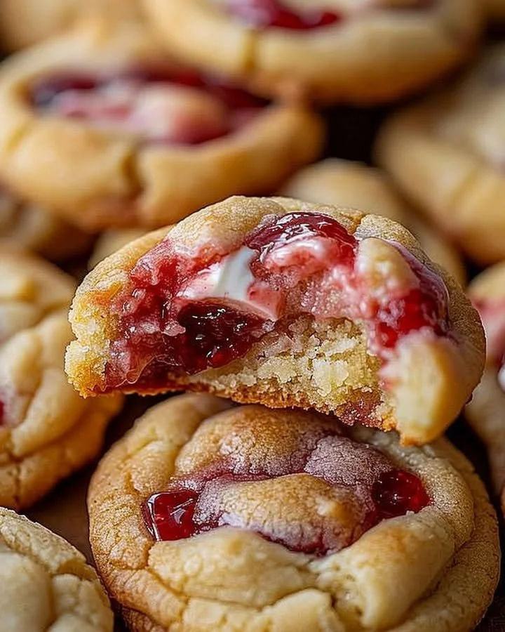 Strawberry cheesecake stuffed cookies with creamy filling and fresh berries