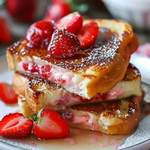 Strawberry Cheesecake Stuffed French Toast topped with strawberries and whipped cream