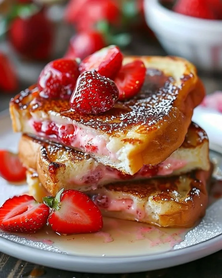 Strawberry Cheesecake Stuffed French Toast topped with strawberries and whipped cream