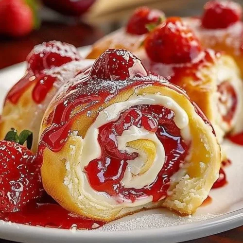 Delicious strawberry cheesecake sweet rolls topped with fresh strawberries.