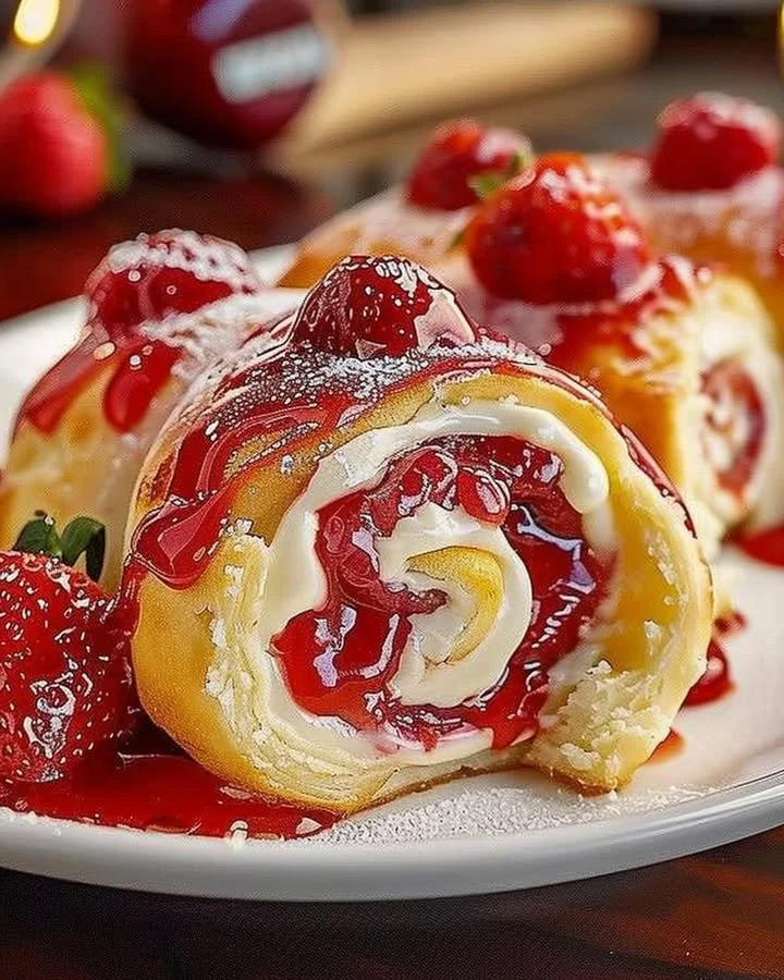 Delicious strawberry cheesecake sweet rolls topped with fresh strawberries.