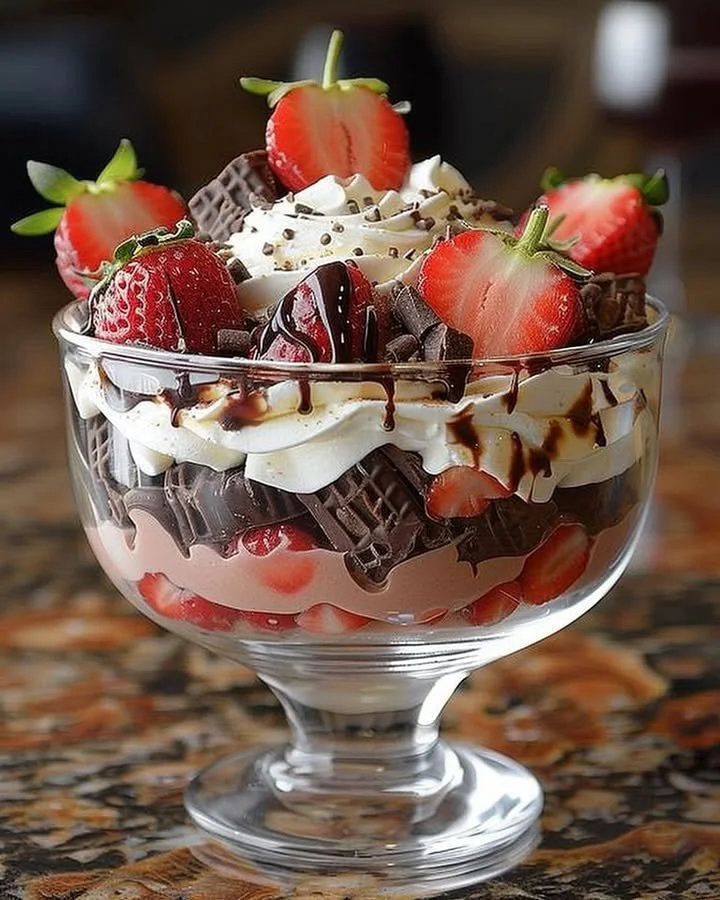 Delicious strawberry chocolate trifle with layers of strawberries and chocolate cream