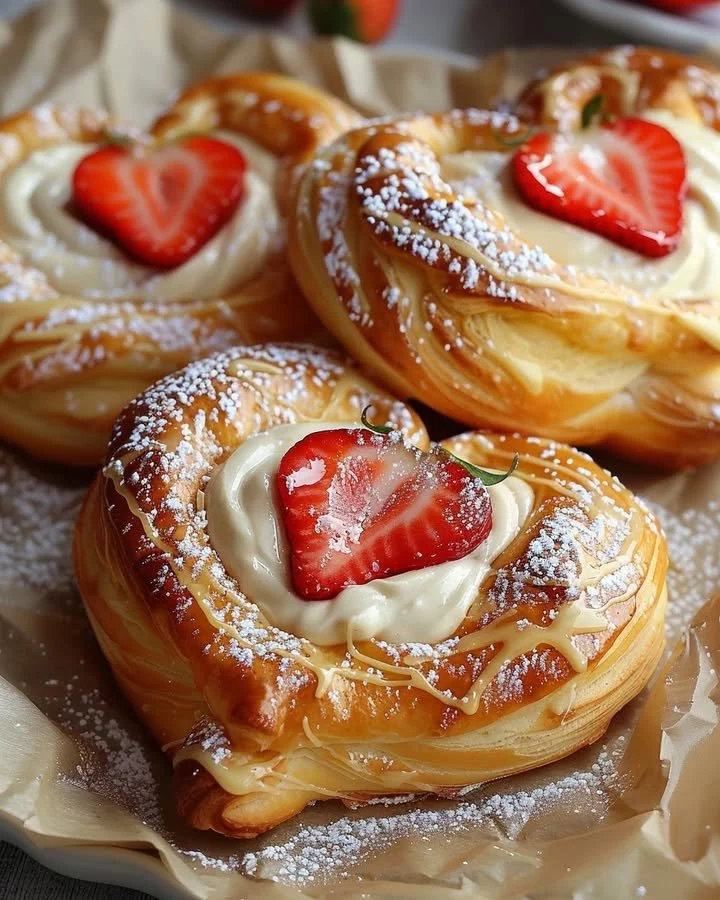 Strawberry Cream Danish with flaky pastry and fresh strawberry filling