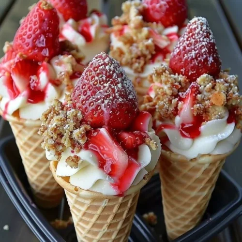 Strawberry Crunch Cheesecake Cones topped with fresh strawberries and crunchy crumbs.