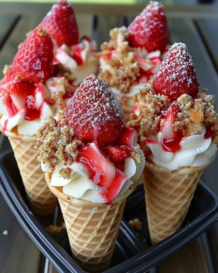 Strawberry Crunch Cheesecake Cones topped with fresh strawberries and crunchy crumbs.
