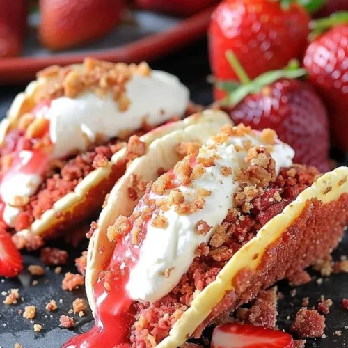 Strawberry Crunch Cheesecake Tacos topped with fresh strawberries and crunchy bits