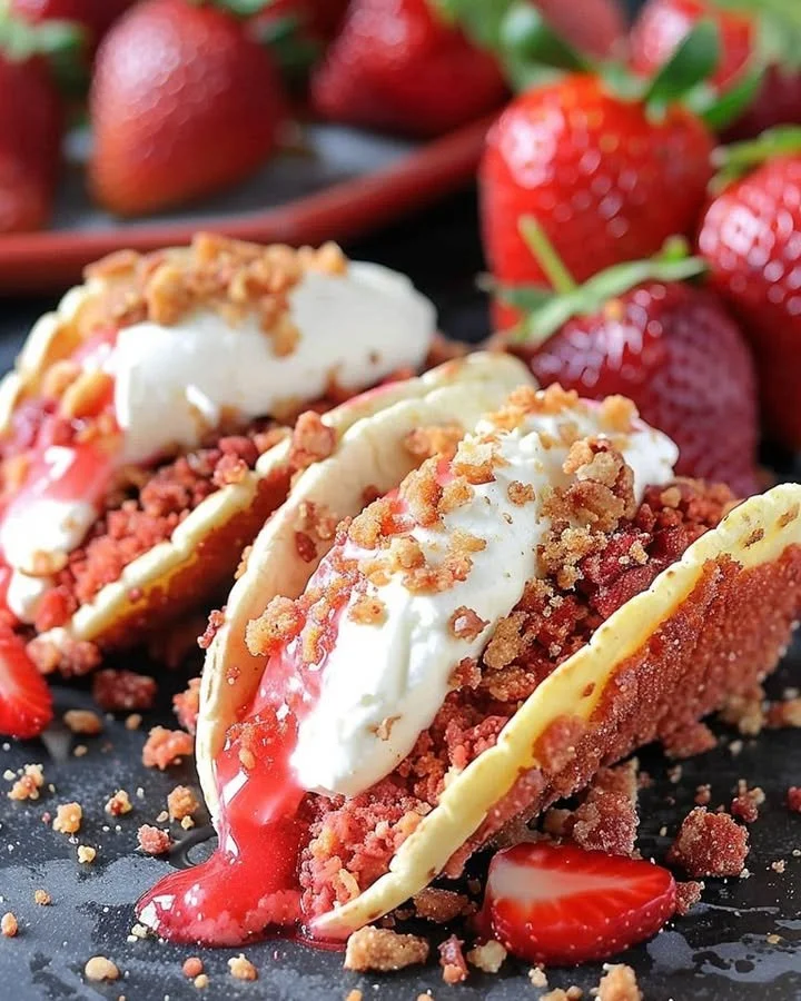 Strawberry Crunch Cheesecake Tacos topped with fresh strawberries and crunchy bits
