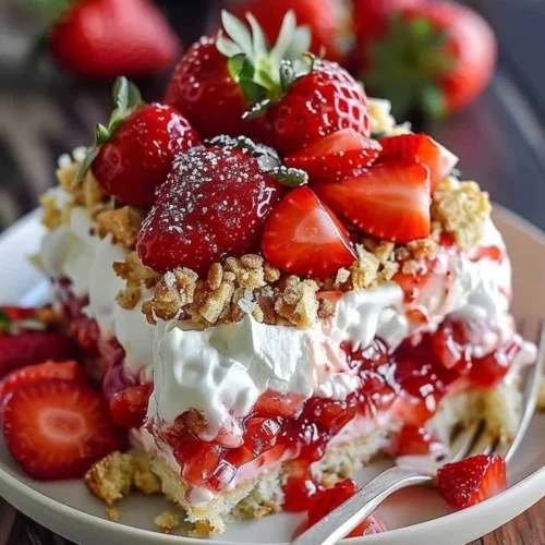Delicious Strawberry Crunch Poke Cake with layers of strawberry flavor and crunch