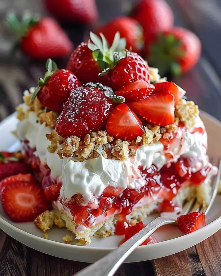Delicious Strawberry Crunch Poke Cake with layers of strawberry flavor and crunch