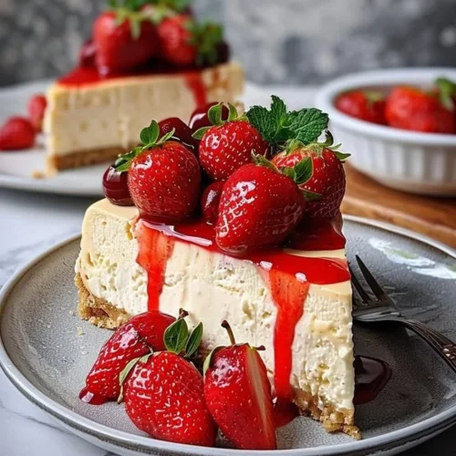 Delicious Strawberry Double Cheese Cheesecake topped with fresh strawberries