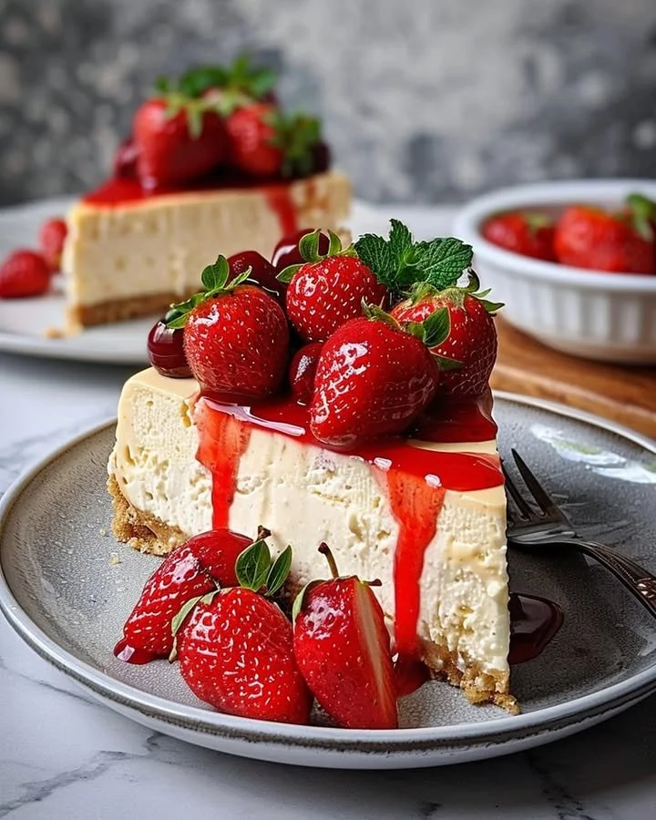 Delicious Strawberry Double Cheese Cheesecake topped with fresh strawberries