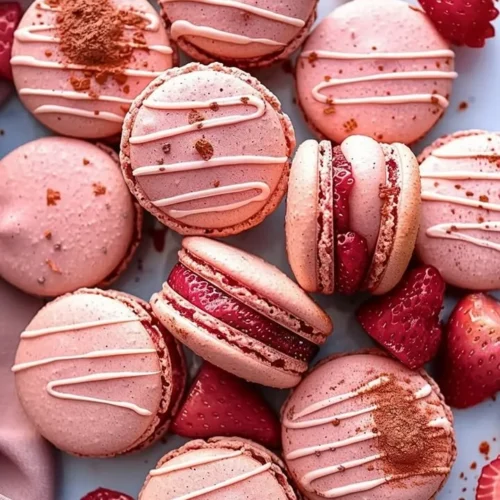Strawberry French Macarons on a decorative plate