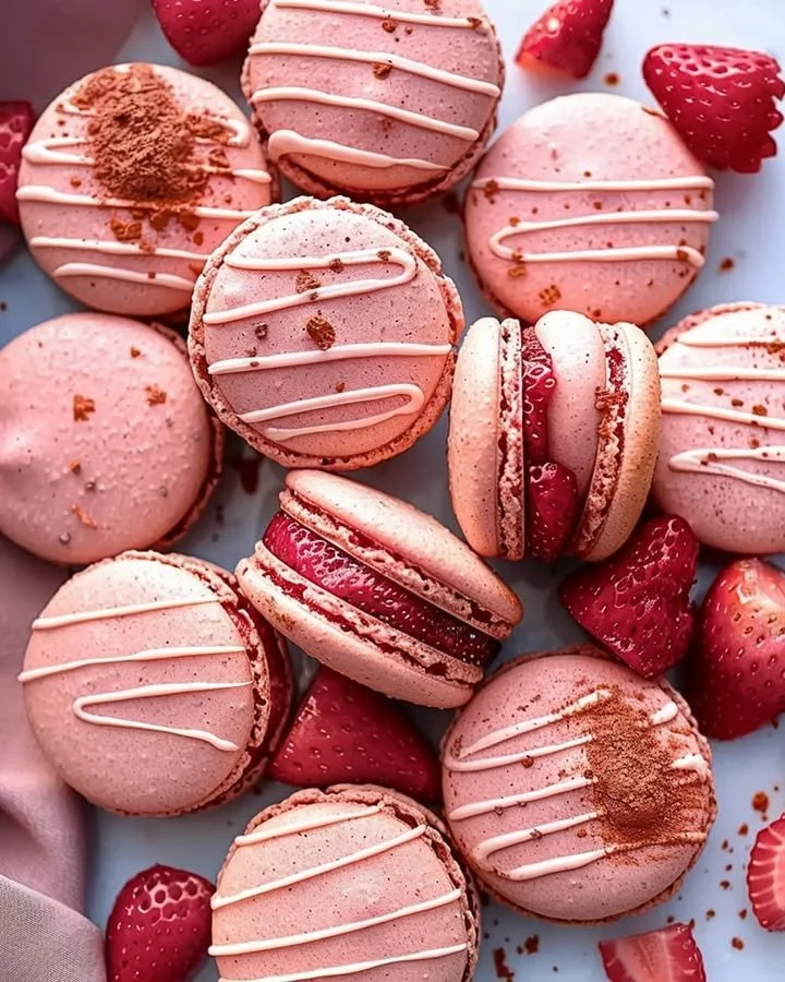 Strawberry French Macarons on a decorative plate
