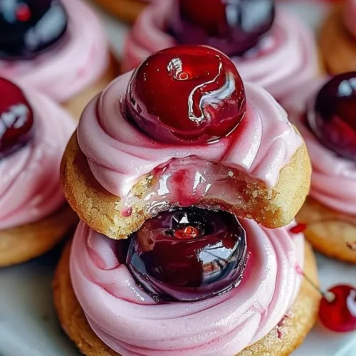 Strawberry frosted cherry cookies displayed on a decorative plate